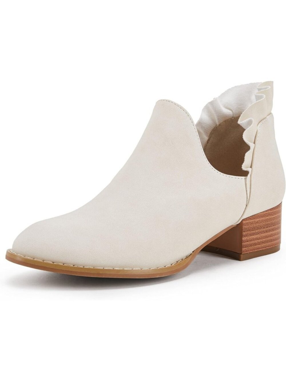 Women's Beige Ruffled Ankle Boots V Cut Out Pointed Toe Low Heel Western Booties